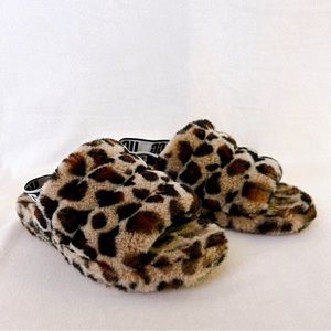 Ugg Slides Fluff Yeah Women Size 10 Brown Leopard Sling Back Logo 1106252 EUC